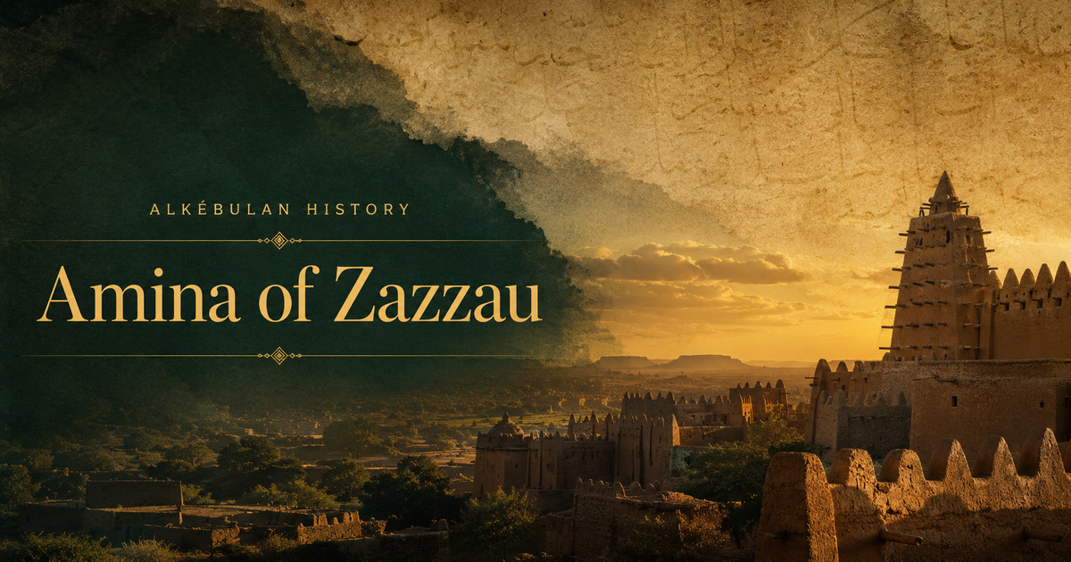 Amina of Zazzau documentary artwork with a Sahelian city and manuscript textures
